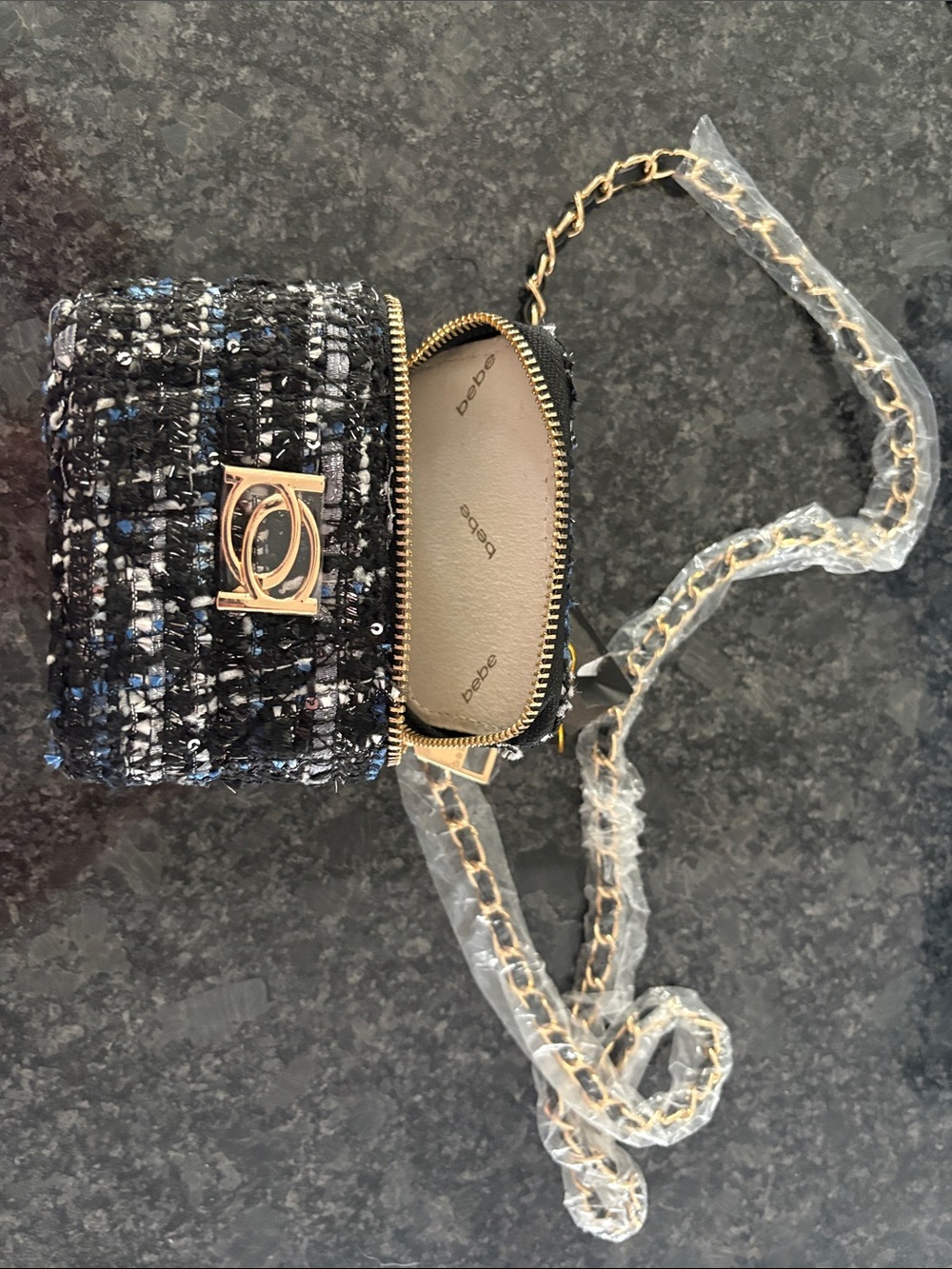 bebe Black Tweed Mini Crossbody with Gold Chain